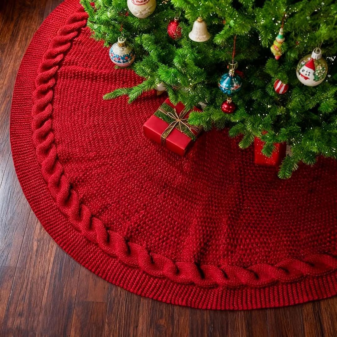36 Inch Knitted Red Christmas Tree Skirt for 4Ft Tree, Vintage Thick Tree Skirt, Christmas Decoration for Pencil Trees, Xmas Home Decor (Medium)