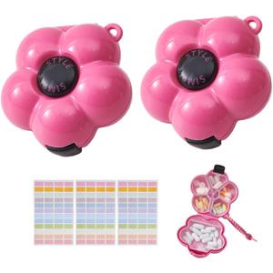 2 Pack Small Pill Organizer Travel Pill Case for Purse, 6 Compartment Pill Box with Stickers, Floral Smiley Weekly & Daily Vitamin Medication Organizer(Hot Pink)