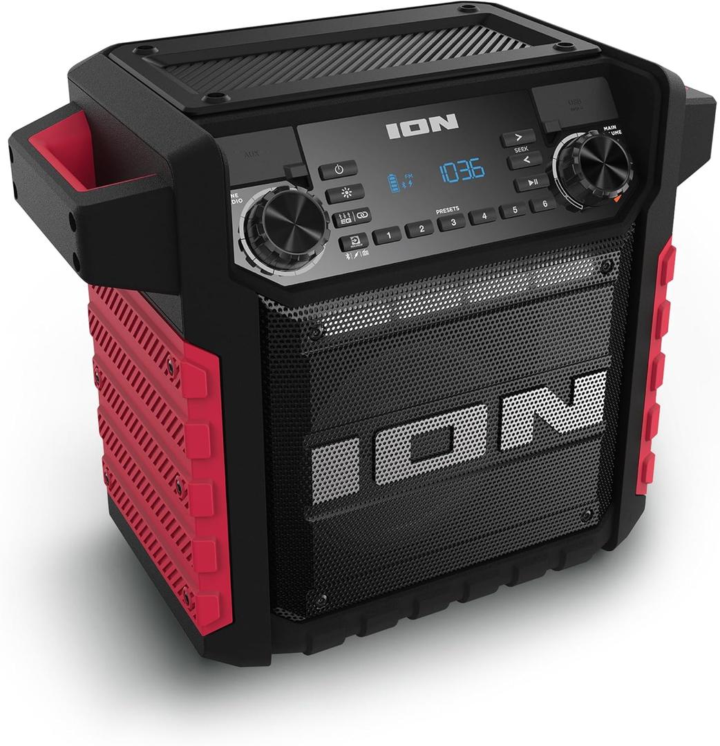 ION Tailgater Classic Outdoor Portable Bluetooth Speaker with Rechargeable Battery, FM Radio, USB Port, IPX5 Water-Resistant, 6.5" Woofer, App, Red