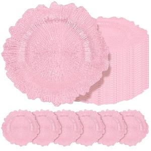 Teruntrue 24 Pcs Pink Charger Plates Bulk 13 Inch Plastic Charger Plates for Dinner Plate, Pink Chargers for Table Setting, Reef Design Plate Floral Decorative Round Chargers for Wedding Party Event