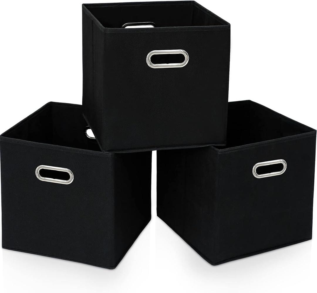 STOREONE 13 Inch Cube Organizer Bins ,Black Fabric Storage BinFoldable Storage Box Basket with Dual Handles Fabric Organizer Bins and collapsible Storage BoxesSet of 3,Black