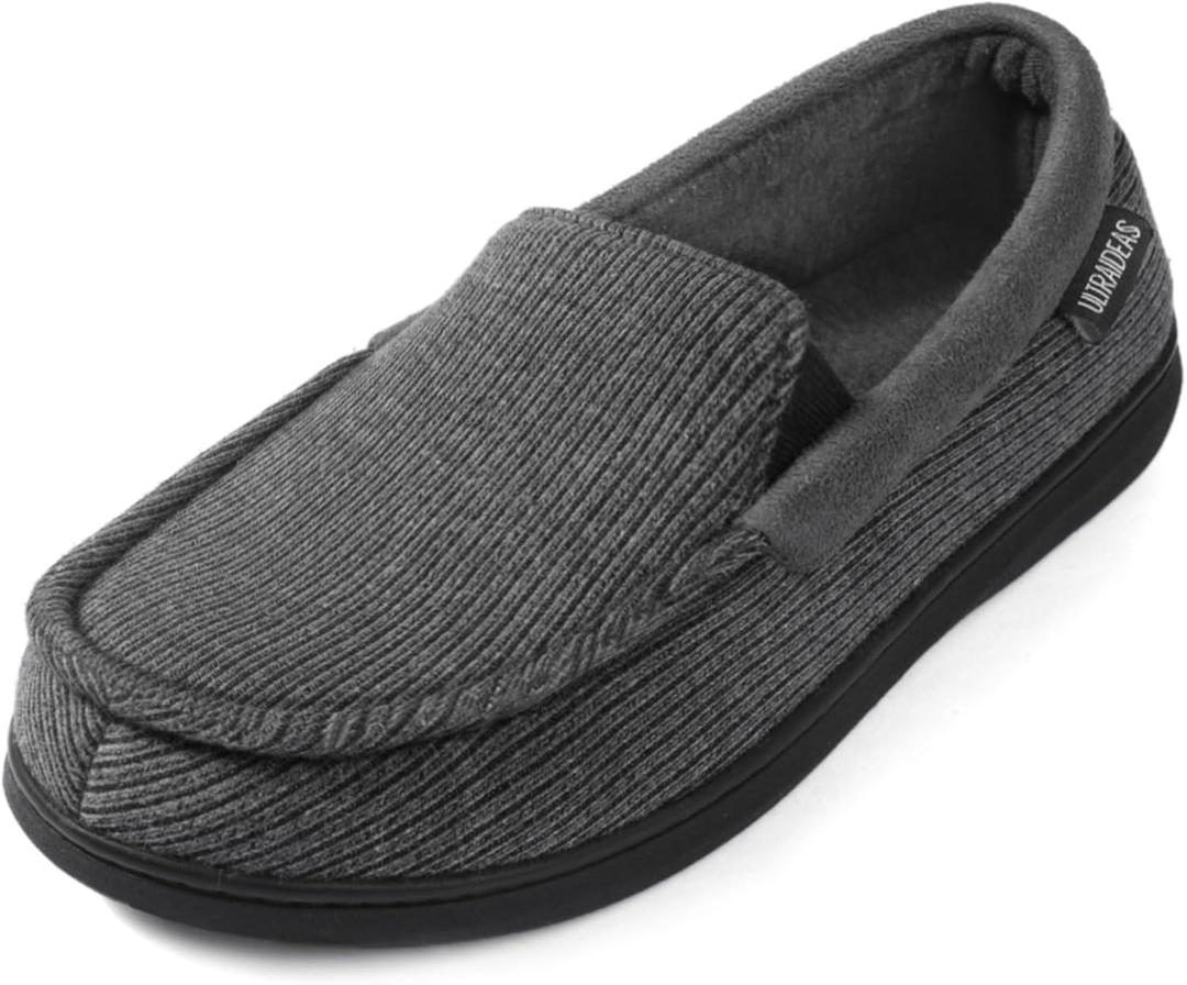 ULTRAIDEAS Men's Moc-Toe Slippers Loafer House Shoes Indoor Outdoor Memory Foam with Breathable&Warm Knit Upper (Gray)