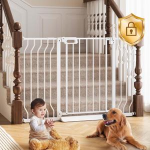 Mom's Choice-GROWNSY Baby Gate for Stairs, 29.5"-48.4" Pressure Mounted Baby Gate for Top of Stair&Doorway with V-Shaped Rods, Anti-Trip Pedal, Extra Wide Stairs Dog Gate Easy Install w/Red Reminder, White
