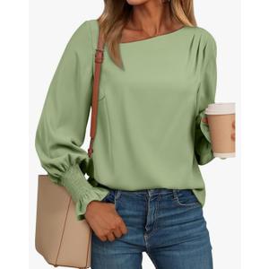 EVALESS Blouses for Women Dressy Casual Pleated Long Sleeve Tops Asymmetrical V Neck Business Work Shirts Size Large