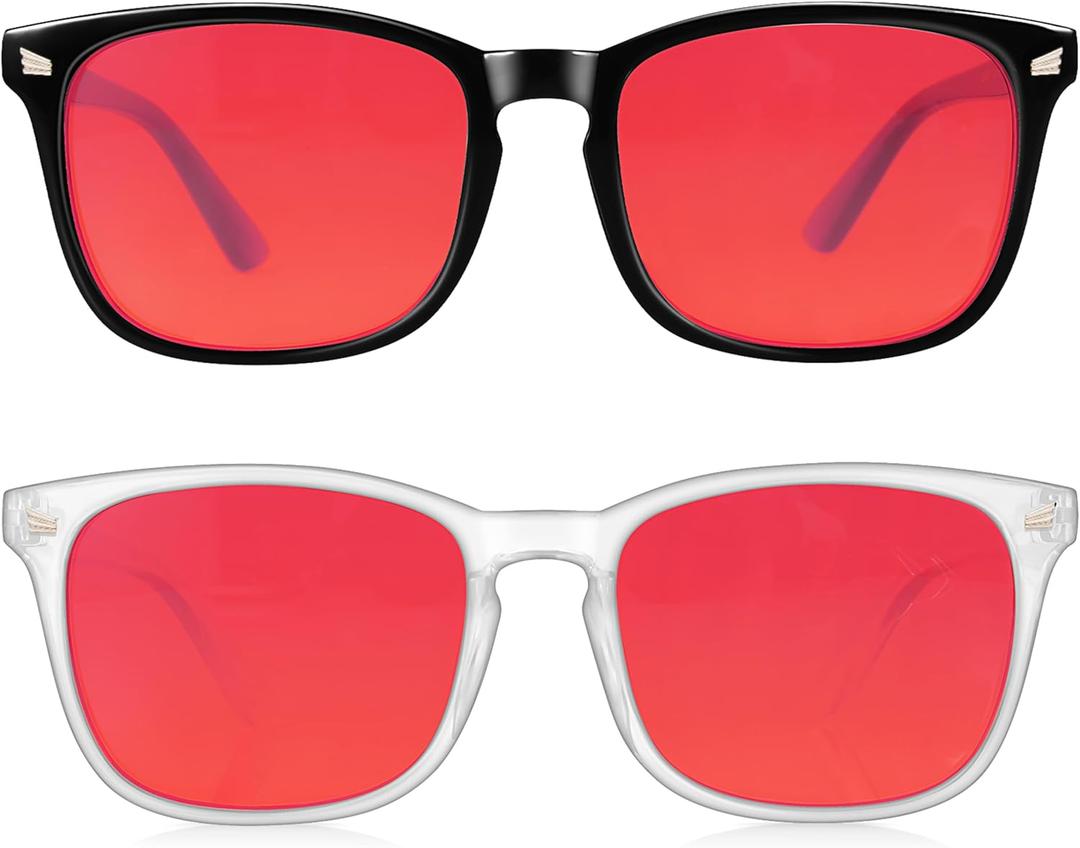2 Packs Professional Sleep Glasses with 99.9% Blue Light Blocking Dual AR Coatings Red Lens, Computer Gaming Glasses for Men Women, Anti Fatigue & Eye Strain ((01)-black+transparent)