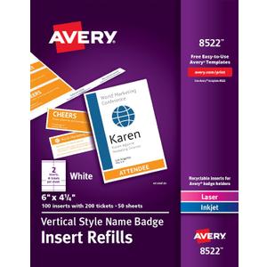 Avery Customizable Name Badge and Ticket Inserts, 6" x 4.25", White, 100 Printable Name Tag Inserts with Tickets (8522)
