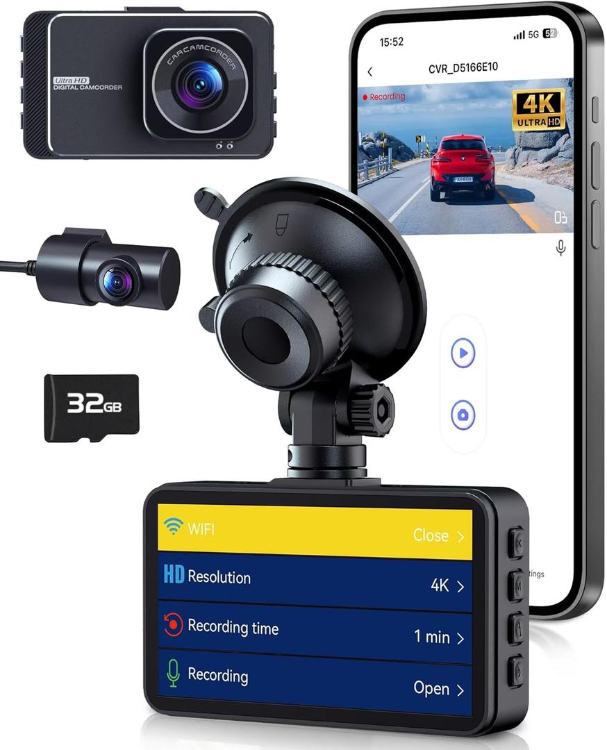 PGYIOO! Dash Cam, Dash Cam Front and Rear,4K+2.5K Ultra HD Dash Camera,175+160 Wide Angle, Car Camera, Included 32GB SD Card, Night Vision, 24 Hours Parking Monitor, Built-in Wi-Fi and Apps