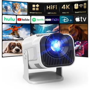 4K Projector with Wifi and Bluetooth, 1080P Native Mini Projector Portable, Compatibile with TV Stick/Memory Stick/Laptop, Smart Home Outdoor Projector-Beige