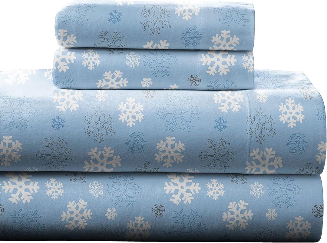 Pointehaven Heavy Weight Flannel Sheet Set, Queen, Snow Flakes - Warm & Cozy - 100% Cotton Flannel Pre-Shrunk -170 GSM -Deep Pockets -Easy Fit Elastic All Around-Comfy Double Brushed