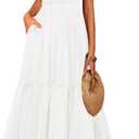 MASCOMODA Womens Summer Casual Midi Dress Square Neck Ruffle Short Sleeve Smocked High Waist A Line Wedding Guest Dresses (White) Large