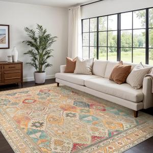 Bavni Washable Rug 8x10 Area Rug for Living Room Bedroom Dining, Washable Vintage Print Carpet, Ultra-Thin Chenille Low Pile Lightweight Rug with Non Slip Backing, Retro Multi