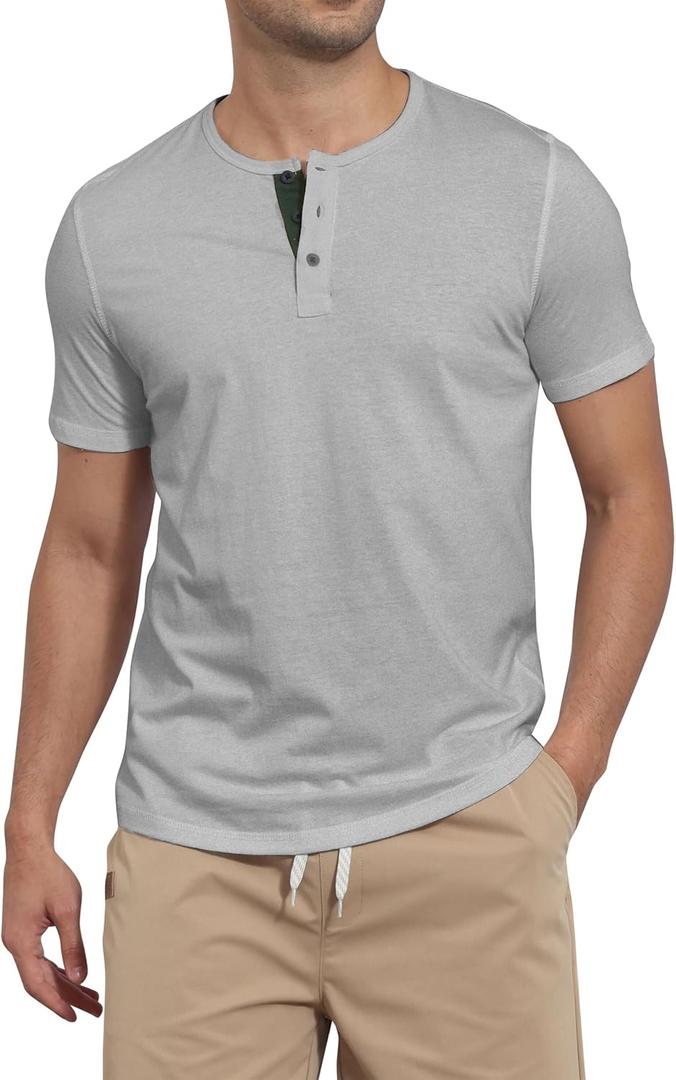 Mens Henley Shirts Short Sleeve Cotton Basic T-Shirts Classic Fashion Casual Shirt (Blue, L)