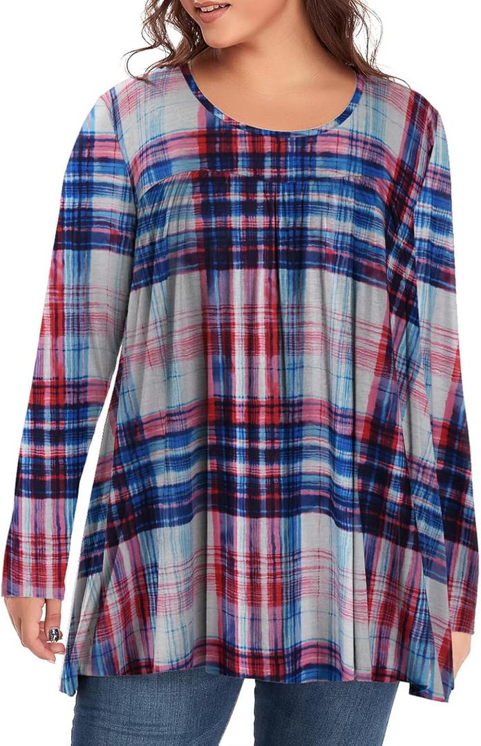 OVERWORETY Women's Plus Size Tunic Top Long Sleeve Pleated Swing Shirt for Leggings Casual Fall Blouse (1X, A1019-1)