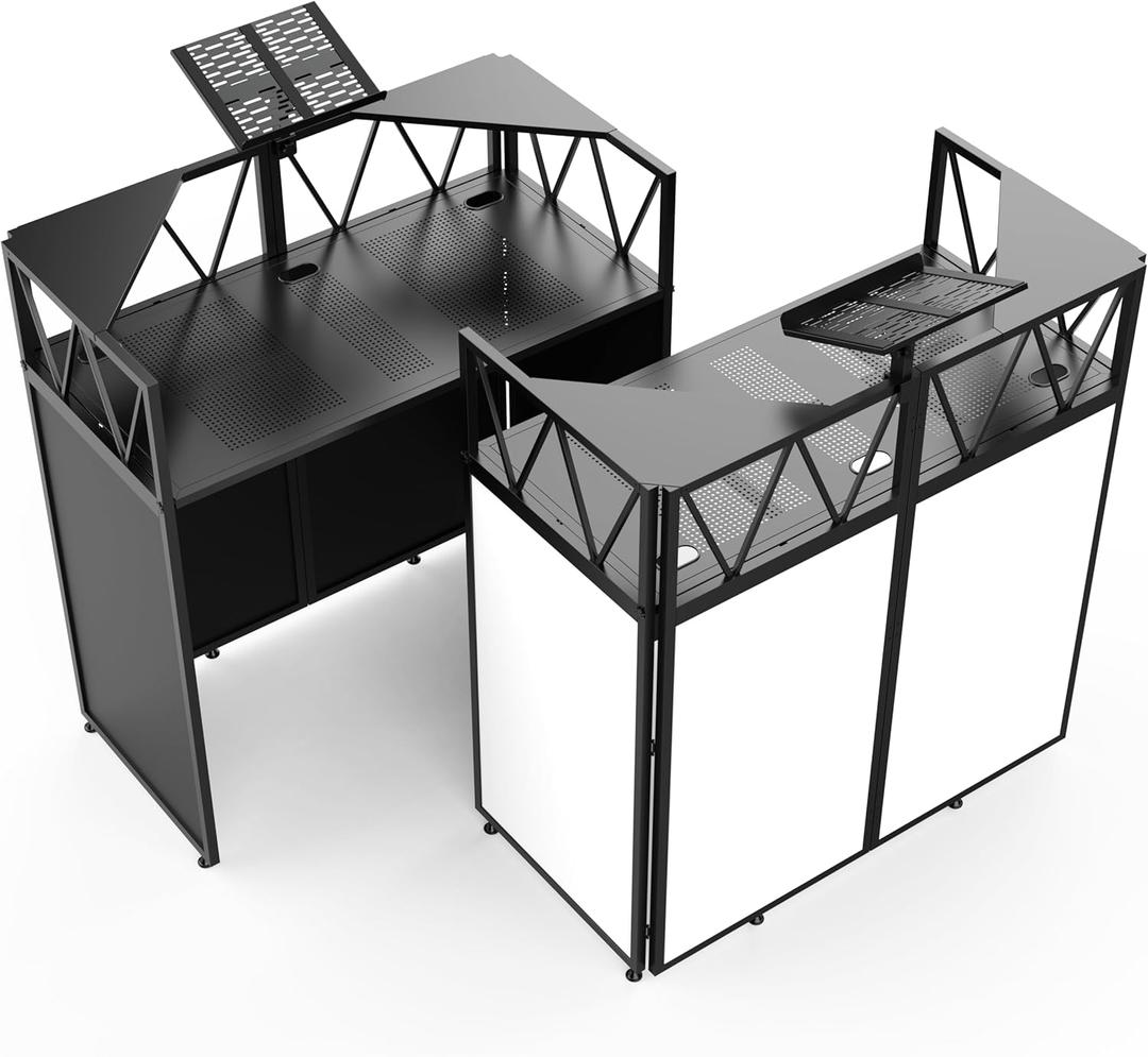 Foldable DJ Booth with Laptop Stand, DJ Table with Dual Corner Panels, Upgraded Metal Frame DJ Facade with Heavy-Duty Reinforced Desktop, DJ Stand for Parties, Black & White Scrims, Carry Bag