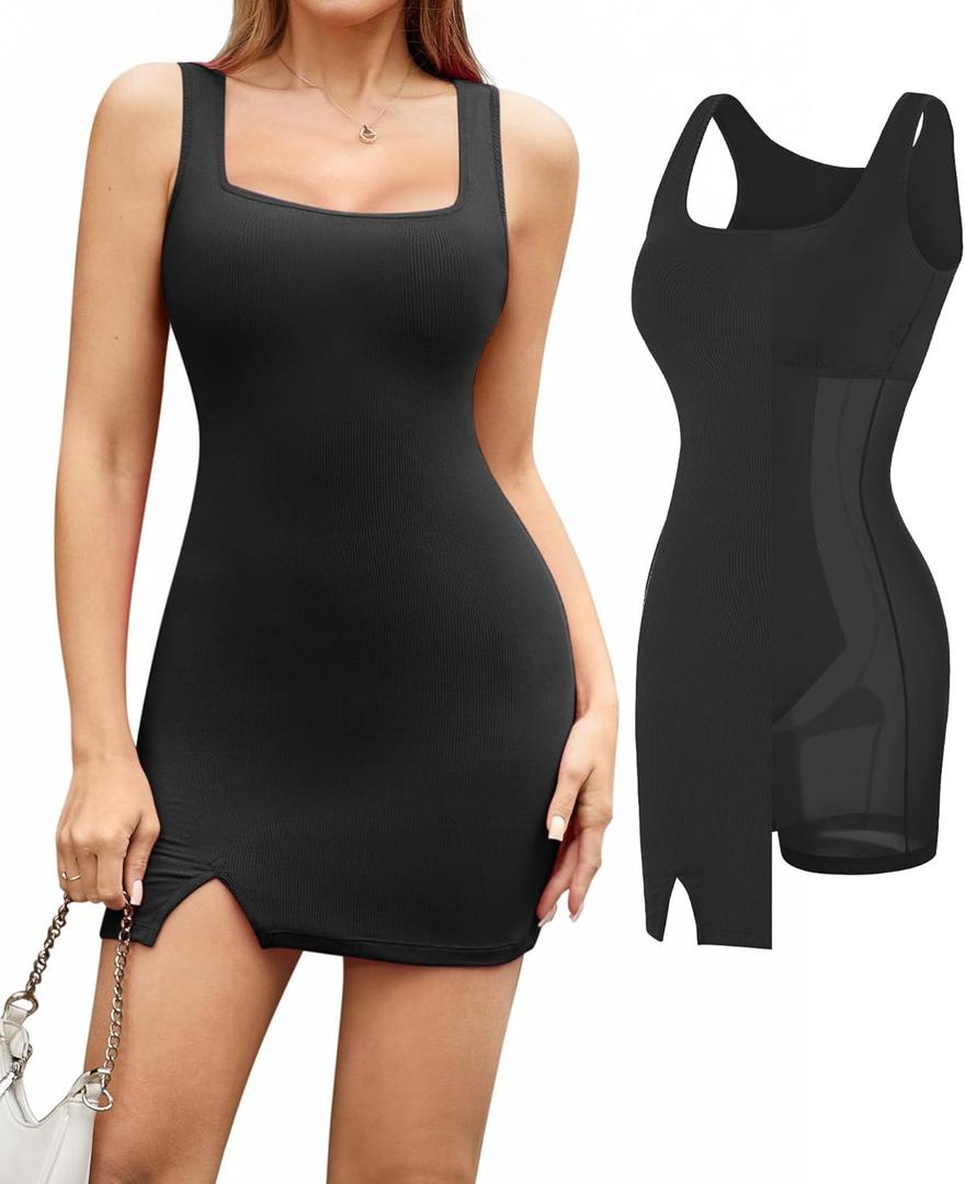 Popilush Cocktail Dresses for Women Built in Shapewear Bra 8 in 1 Square Neck Mini Slit Party Summer Dress (Medium, Black)