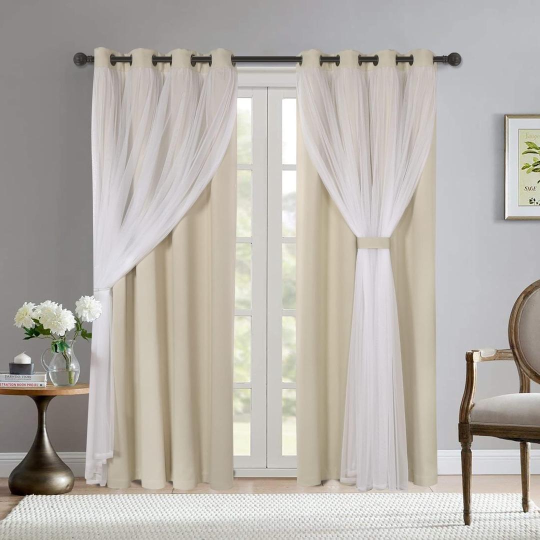 BONZER White Sheer Voile and Blackout Curtains Assembled Grommet Mix and Match Curtains for Living Room, Beige, 52x84 Inch, Set of 2 Panels
