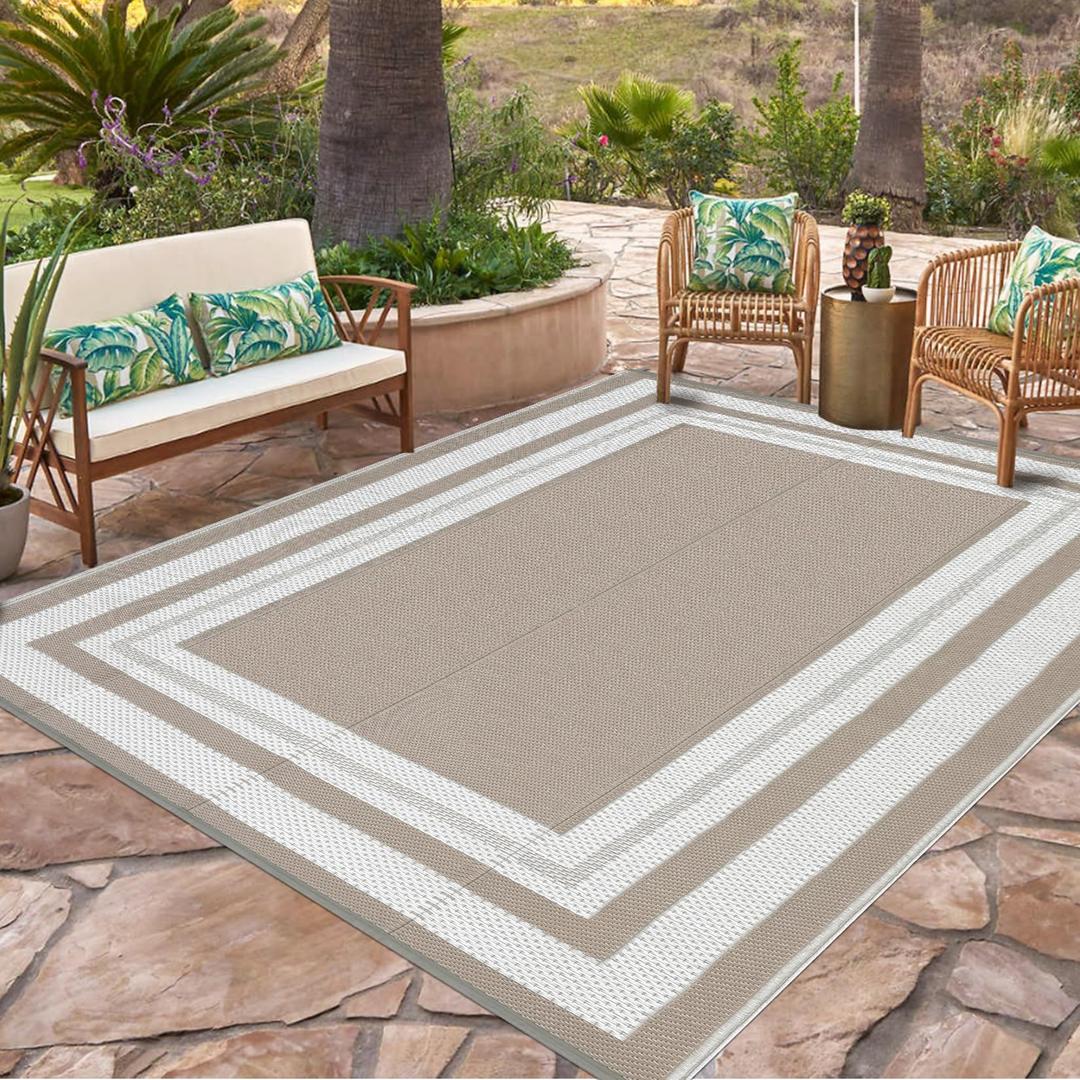 MilleLoom Waterproof Plastic Straw Outdoor Rug 9x18 Patio Reversible UV Resistant Foldable Camping Carpet Modern Border Large Outdoor Rugs for Deck, Picnic, Porch, Camper, Balcony, Beach，Light Brown