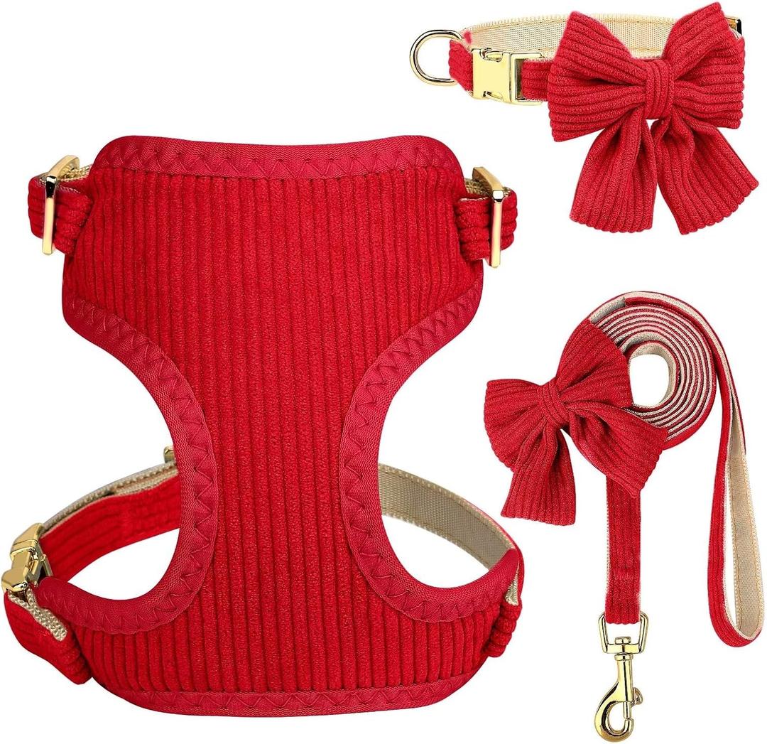 Didog Cute Small Dog Harness Collar and Leash Set with Bowtie, Breathable Soft Mesh Padded Puppy Harness, Christmas Dog Harness for for Parties, Holiday Gatherings & Gifts, Red, S
