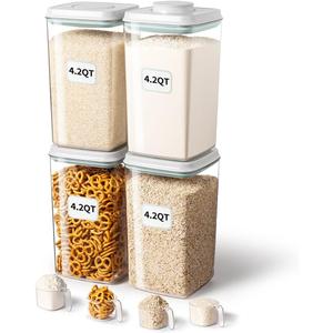 Ankou Airtight Food Storage Container with Pop Lid & 130ml Scoop, 4L/4.2qt *4 BPA-Free Cereal, Rice, Flour, Pasta & Snack Container, Stackable & Durable,Kitchen Pantry Organizer
