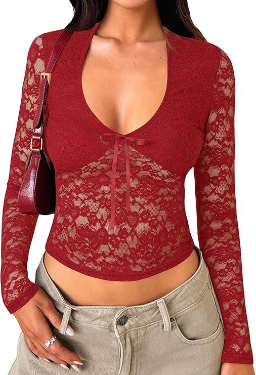 Womens Long Sleeve Going Out Tops Lace V Neck Mesh Crop Shirts Sexy Cute Y2K Fall Trendy Outfits 2026, XXL