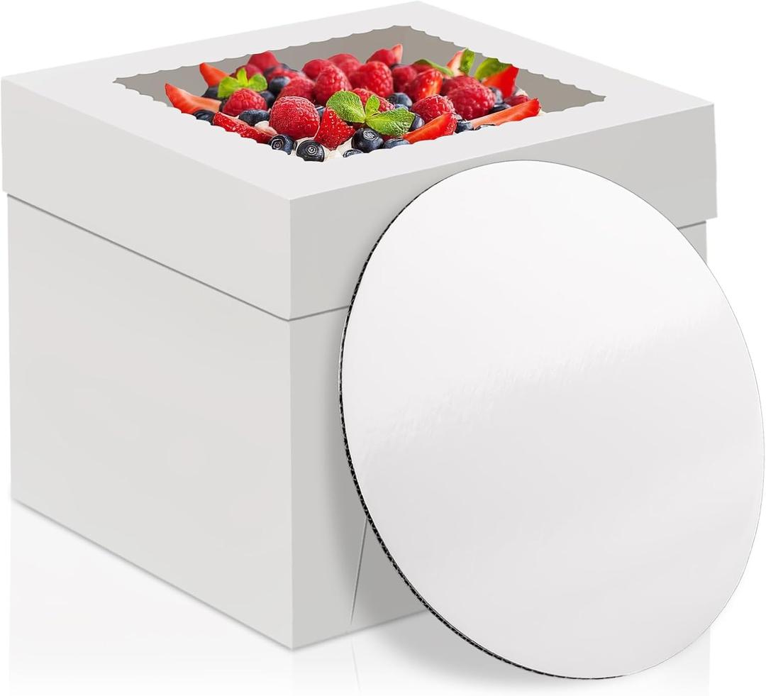 WINKIO 10 Inch Cake Box with Cake Boards, 2 Pack Disposable Cake Carrier, Cakes Transport Container, White Bakery Holder with Window, for Cookies, Pies, Cupcakes, Pastry (10108 Inches)