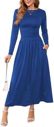 Women's Maxi Dress Long Sleeve Boat Neck Plain Empire Waist Casual Winter Party Long Dresses with Pockets, Size M