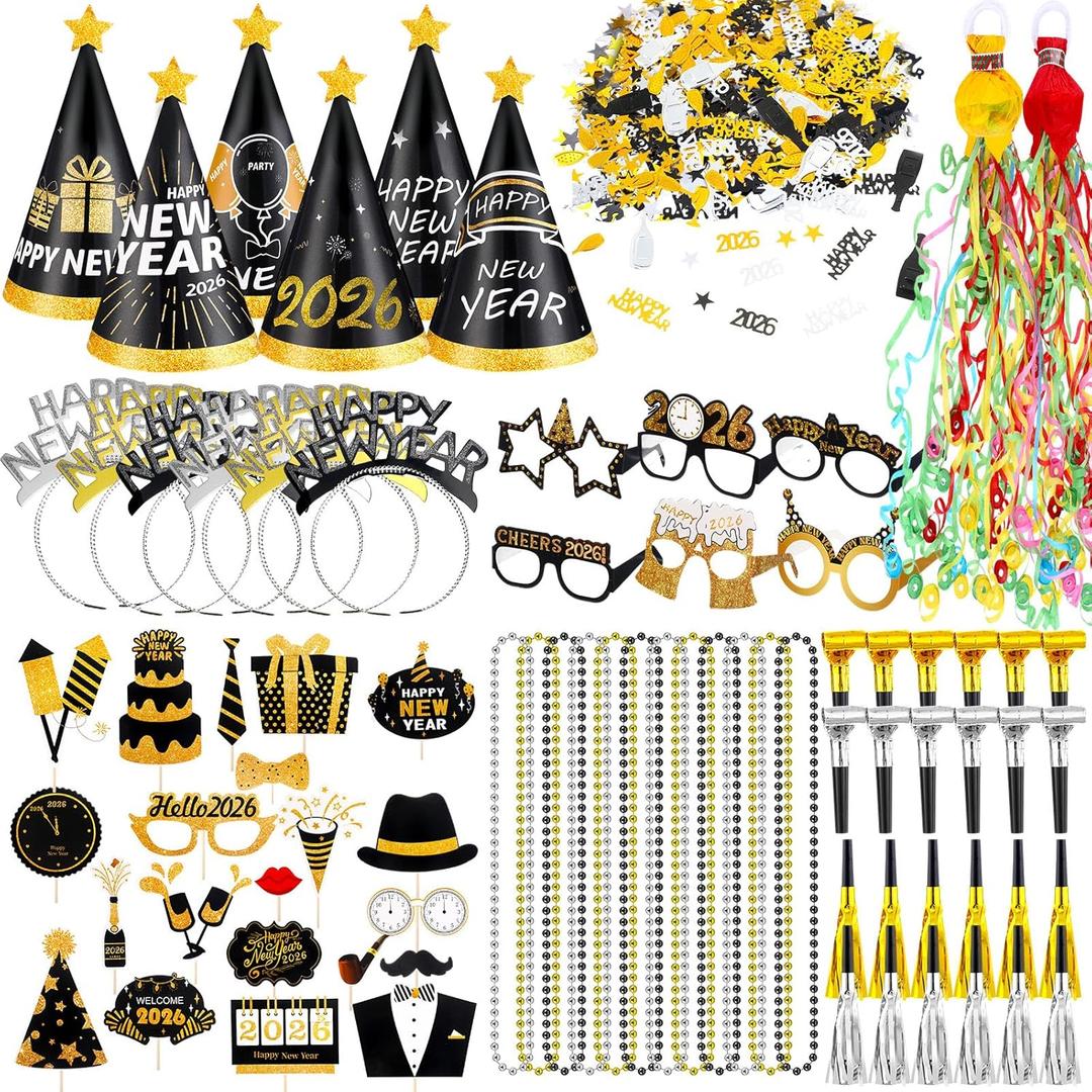 85 Pcs New Years Eve Party Supplies Happy New Year Decor Kit Include Hand Throw Streamers Hairband Eyeglass Cone Hats Necklace Noise Makers Confetti for Adults Hello 2026 Party Favors