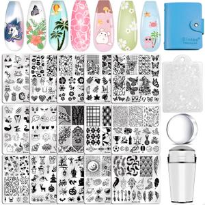 Biutee Nail Stamping Plates Set 15PCS Nail Art Stamper Scraper Nail Art Stamping Kit with Storage Bag Gift Box Nail Stamp Template Kit Lace Flower Butterfly Star Holiday Design