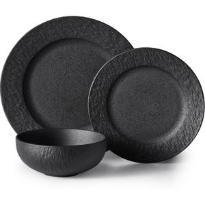 Black Dinnerware Sets, 24-Piece plates and bowls sets, Matte Marble