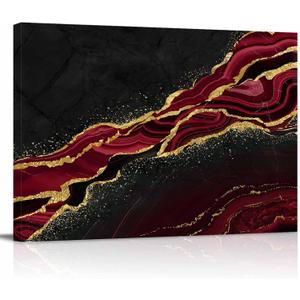 Red Black Marble Canvas Print Wall Art - Abstract Gold Texture Vintage - Wall Decor Modern Artwork Paintings Pictures for Living Room Stretched and Framed Ready to Hang - 16" x 24"