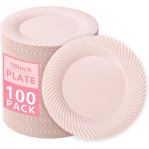 IOOOOO10 Inch Pink Plastic Plates, 100 Count Pink Plastic Dinner Plates,Disposable Heavy Duty Dinner Plates,Premium Hard Gold Disposable Plates for Party, Weddings & Events