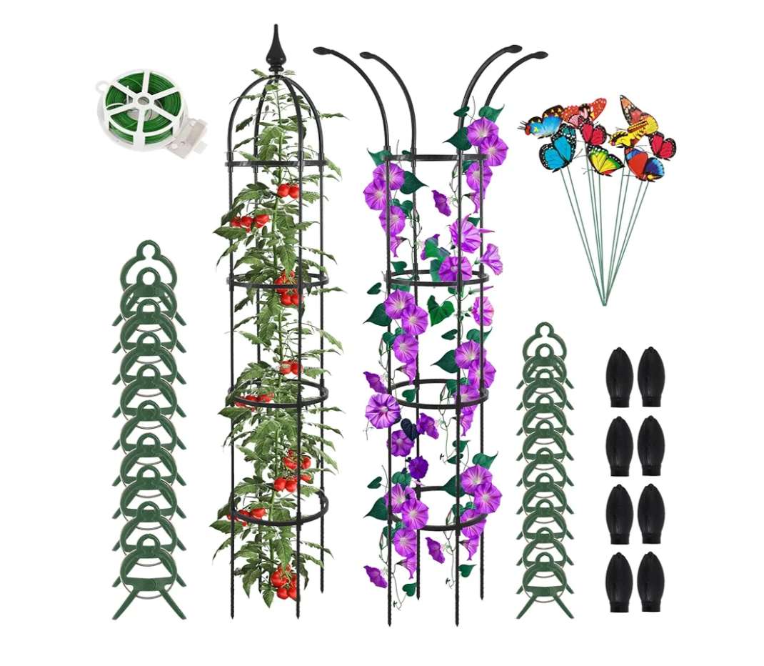 Obelisk Trellis for Climbing Plants Outdoor 6.6ft, Garden Tower Trellis for Potted Plants Indoor with Twist Tie, Clips and Butterflies Rustproof Coated Metal Support for Vines Rose 2Pack