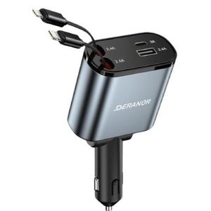 Deranor Retractable Car Charger 4 in 1 Fast Car Phone Charger 69W, USB C Car Truck Accessories Adapter with 2X Retractable Charger Cords and 2X USB Ports for i Phone 17/16/15/14, for Samsung S25/S24