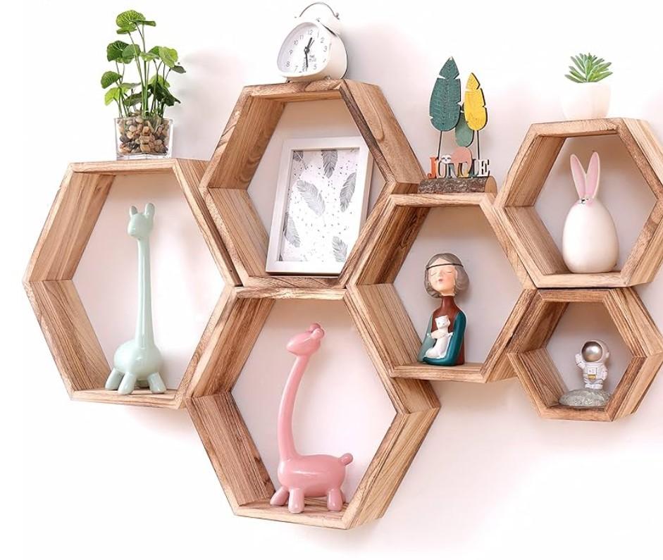 WONFUlity Hexagon Floating Shelves Honeycomb Shelves Wall Mounted Wood Farmhouse Storage Wall Shelf for Bathroom, Kitchen, Bedroom, Living Room,Driftwood Finish Decor