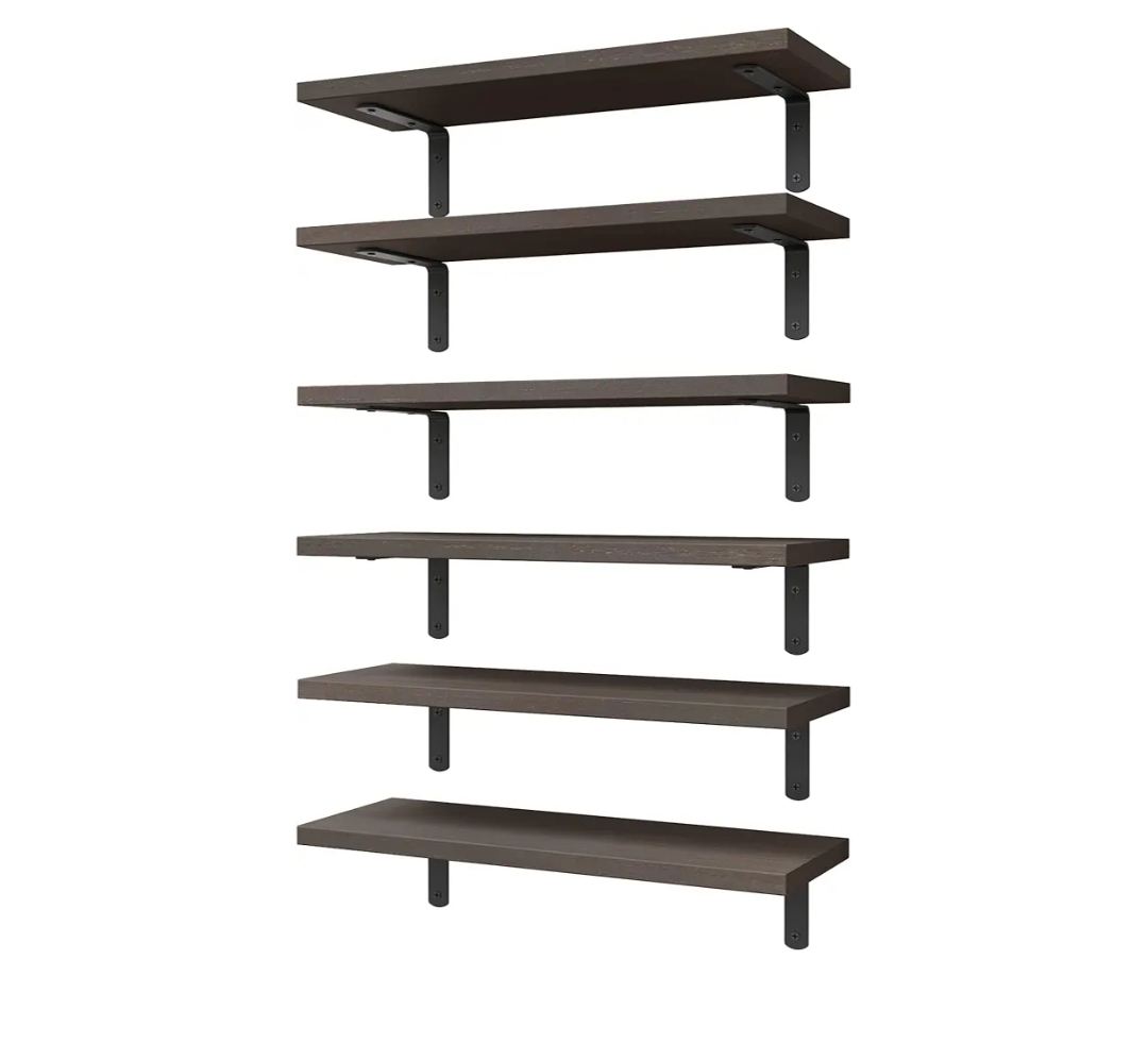 WOPITUES Wood Floating Shelves Set of 6, Shelves for Wall Decor, Farmhouse Shelf for Bedroom, Bathroom Storage Shelves, Book Shelves for Living Room, Dark Brown 