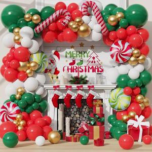 Christmas Balloon Garland Arch kit with Red White Green Balloons Gift Box Balloons Candy Cane Foil Mylar Balloon for Christmas Party Decorations