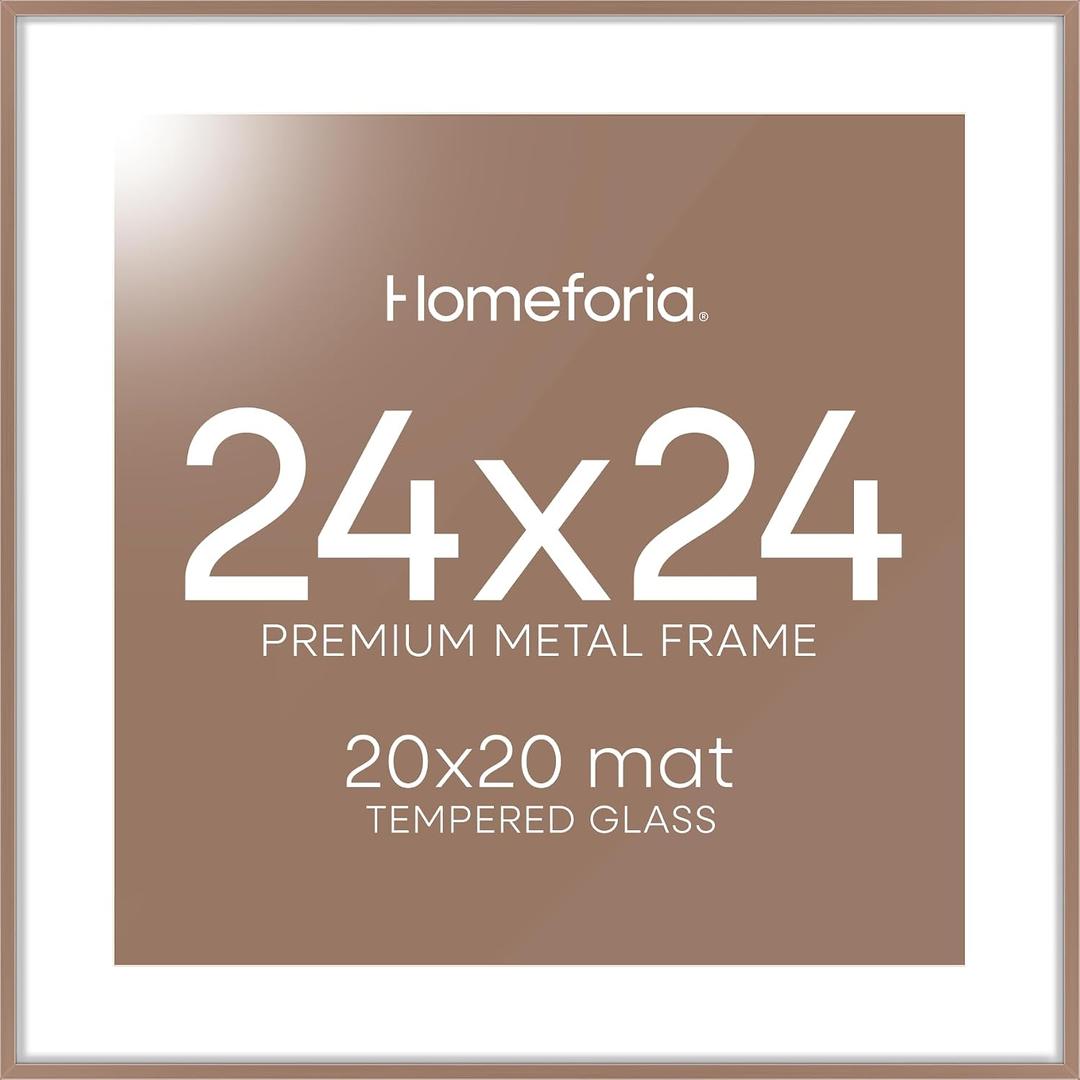 Homeforia 24x24 Picture Frame Mocha, High End Metal 24 x 24 Large Square Poster Frame Matted to 20 x 20 in Photo, 24by24 Thin Mocha Frames with Mat 20x20 inch Print, Tempered Glass, Wall Kit, Set of 1