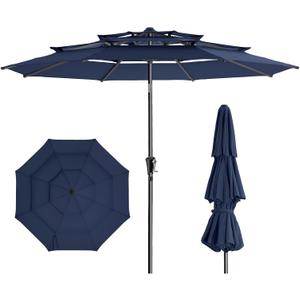 HOMSHADE 9FT 3-Tiers Outdoor Patio Umbrella with 5-Year Fade Resistant,Vented Outdoor Commercial Market Umbrella with UPF50+ UV Protection & Push Button Tilt and Crank for Pool,Backyard(Navy Blue)