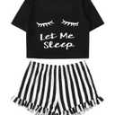 WDIRARA Women's 2 Piece Pajama Set Tee and Striped Shorts Cute Pjs Set Sleepwear Loungewear Outfits 3XL