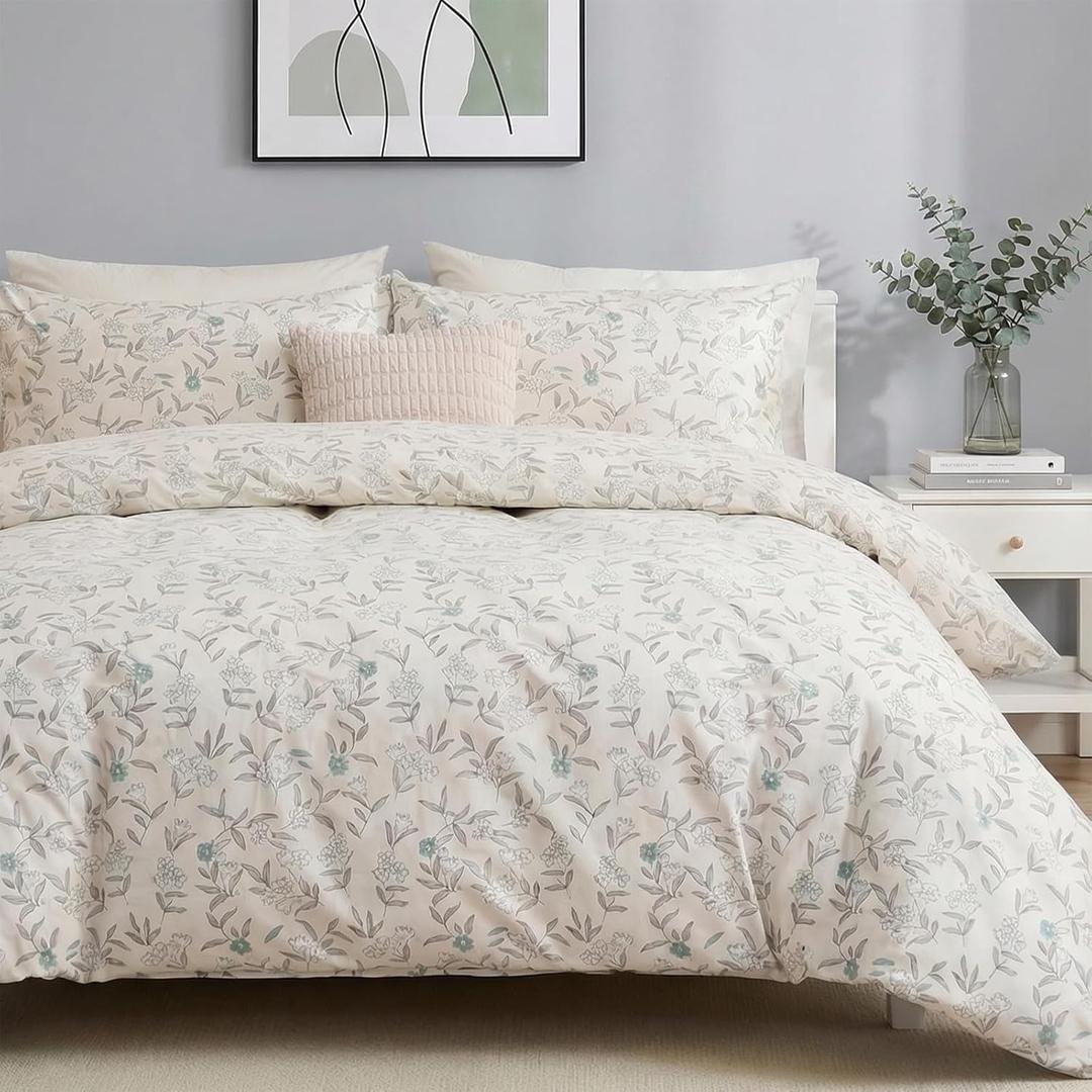 100% Cotton Floral Duvet Cover Set King Size Ultra Soft Breathable Blue Floral Grey Leaves Bedding Set for Women with Zipper Closure 3 Pcs Chic Reversible Duvet Cover for All Season