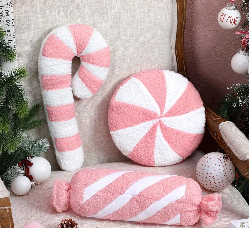 3 Pcs Christmas Pillows Decorative Throw Pillows Candy Merry Christmas Tree Stuffed Wool Soft Xmas Plush Cushion for Sofa Couch Bedroom Living Room(Pink)
