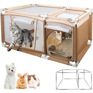 47.2"x30.1"x23.6" Sturdy Stainless Steel Frame Cat Playpen, 2-in-1 Large Cat Tent with Play & Litter Areas for Indoor Cats, Breathable Mesh Kitten Playpen with Removable Bottom Pad for Easy Cleaning, Khaki