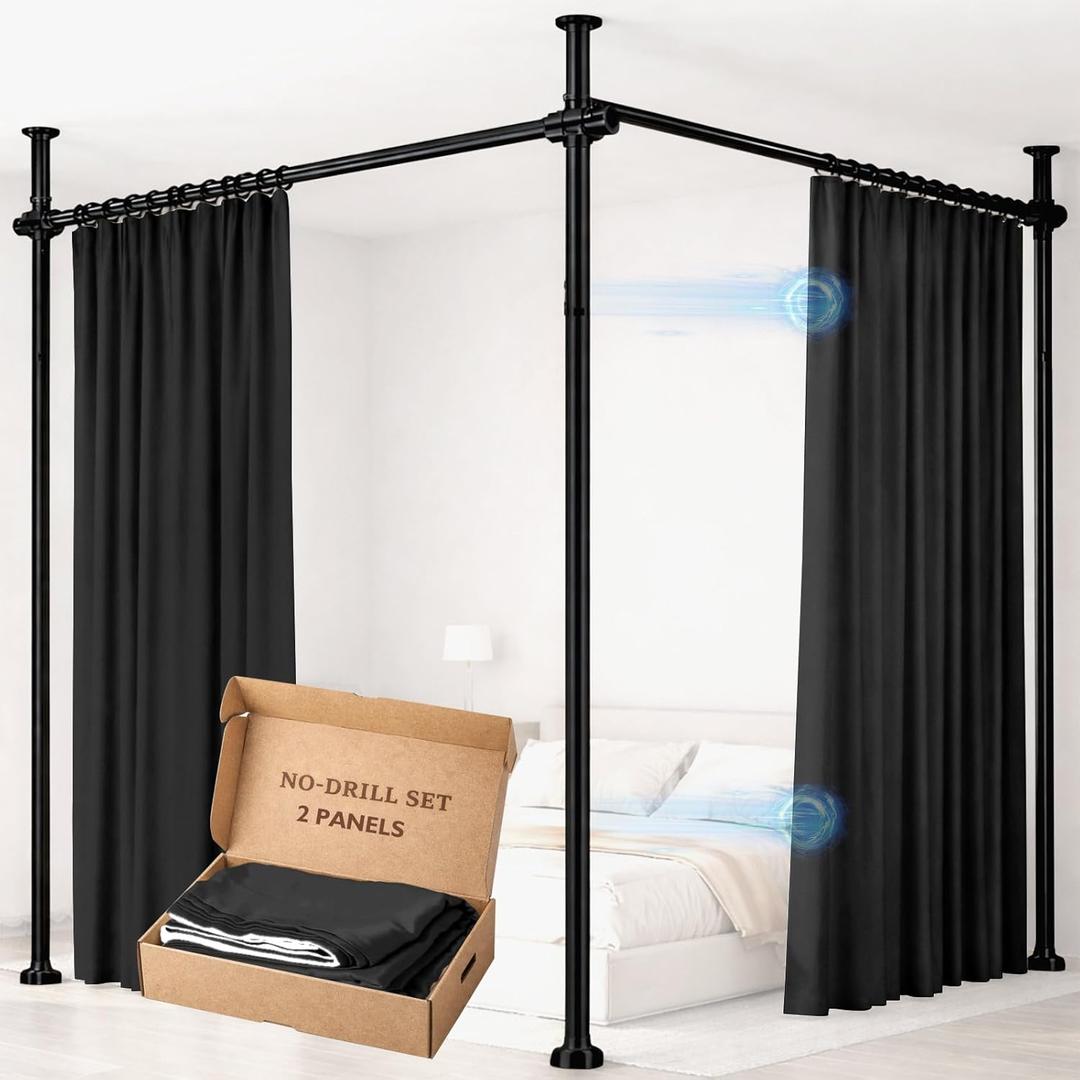 Room Divider Curtain Set-No Drilling Curtain Rod Set, Room Divider Wall for Partition Room Dividers, Bedroom Divider Black-100 W x 84" L(Pack of 2)