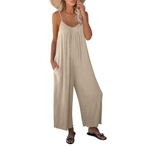 Dokotoo Women's Loose Jumpsuits for Women Adjustable Spaghetti Strap Stretchy Wide Leg Solid One Piece Sleeveless Long Pant Romper Jumpsuit with Pockets Apricot Small