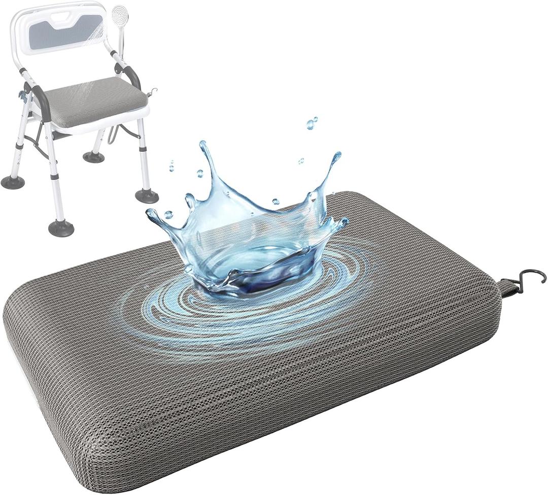 Shower Seat Cushion with Non-Slip Silicone Bottom, Shower Chair Cushion for Transfer Benches,Washable 3D Mesh Pad with Hook,Quick Drying Bathtub Chair Pad for Elderly, Pregnancy (Grey)