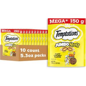Temptations Jumbo Stuff Crunchy and Soft Cat Treats Tasty Chicken Flavor, 5.3 oz (Pack of 10)
