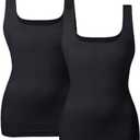 EUYZOU Women Tummy Control Shapewear Tank Tops Seamless Square Neck Compression Tops Slimming Body Shaper Camisole (Medium, Black 2pk)