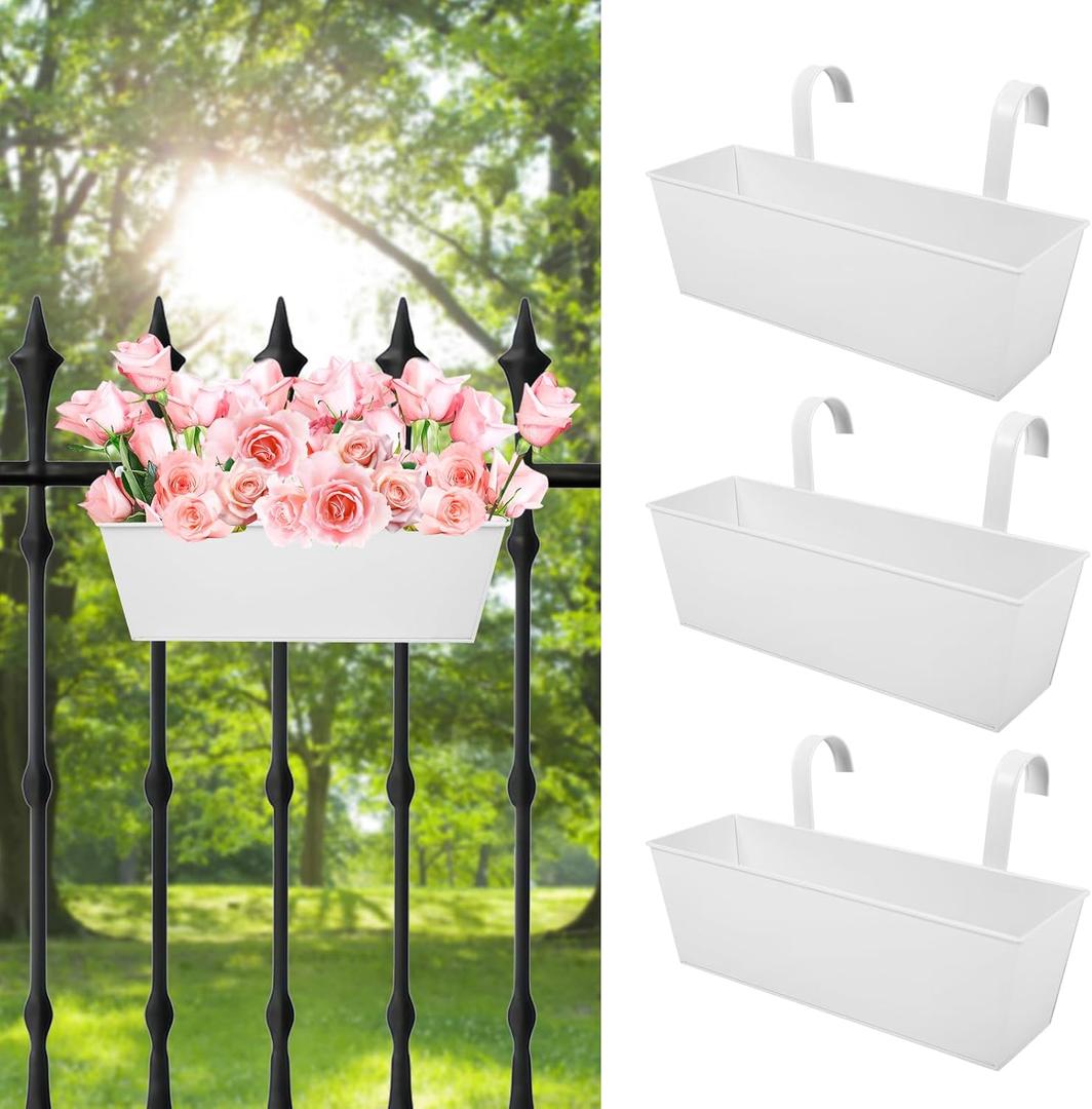 Railing Planters Outdoor Balcony 16 Inch Deck Over The Railing Planter Boxes Hanging Planters for Fence Flower 3 Pcs (White), 5.1 inches