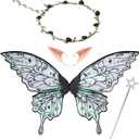 Fairy Wings Set Adult - 4 PCS Butterfly Wings Elf Ears Flower Crown Fairy Wand Halloween Costume (Black)