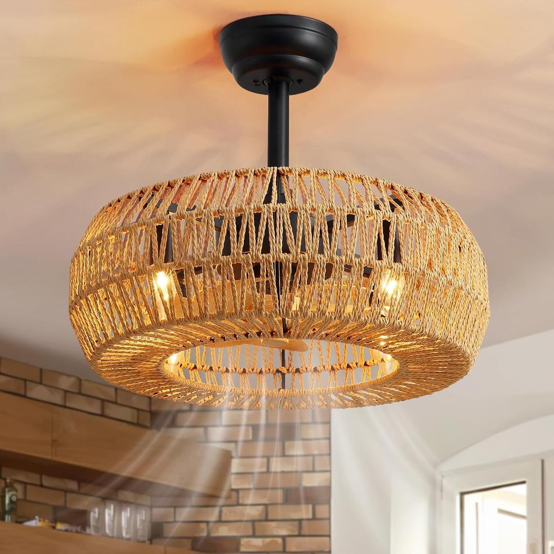 20" Boho Caged Ceiling Fan with Lights Remote Control, Rattan Cage Low Profile Bladeless Ceiling Fan, Farmhouse Ceiling Fans with Light for Kitchen, Bedroom, Dining Room